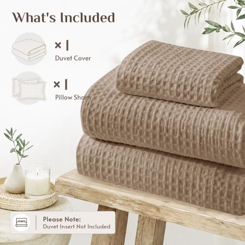 JOLLYVOGUE Waffle Wave Duvet Cover Set Queen Size, 3-Piece, Mocha