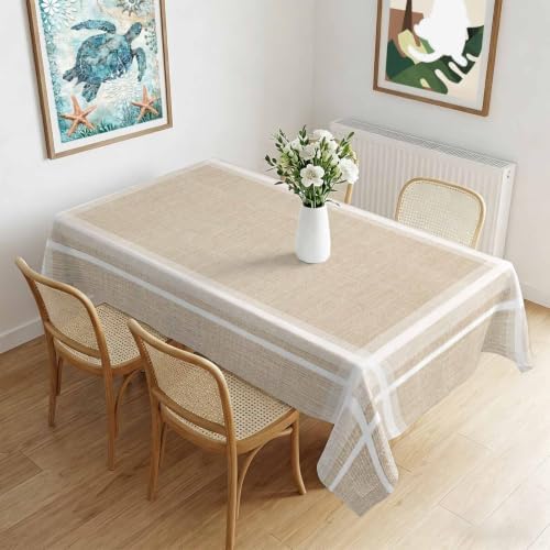 Rustic Burlap Linen Waterproof Tablecloth Rectangle Washable Table