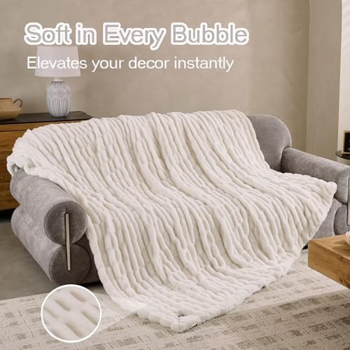 Cream Double Side Faux Fur Throw Blanket,Cozy Soft Fuzzy Fluffy Faux