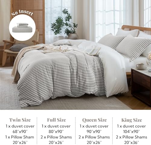 MILDLY Jacquard Striped Duvet Cover Set 3pcs Dual Zipper Taupe Queen