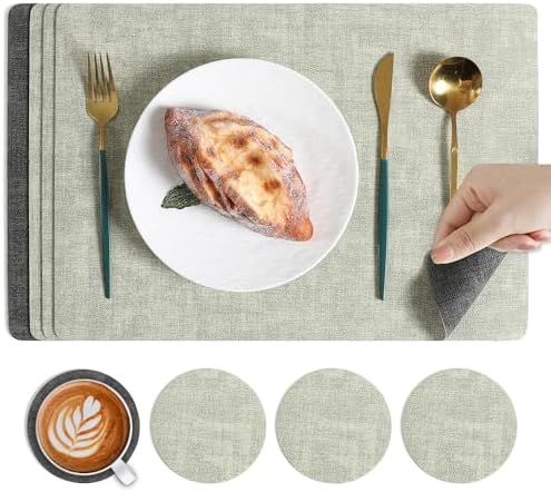 Place Mats Set of 6, Light Gray Leather Table Mats, Washable