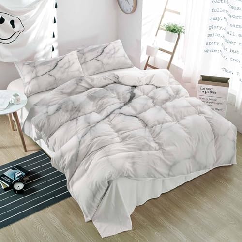 Duvet Cover Set Queen, Gray White Marble Texture 3 Piece Bedding Set