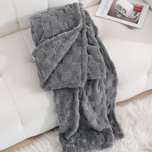 Grey Fleece Throw Blanket 50”×60”Checkered Design for Couch Sofa
