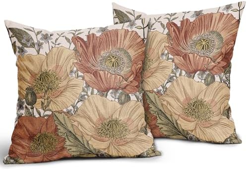 Brown Rust Red Vintage Floral Pillow Covers 18x18 Rustic Flowers