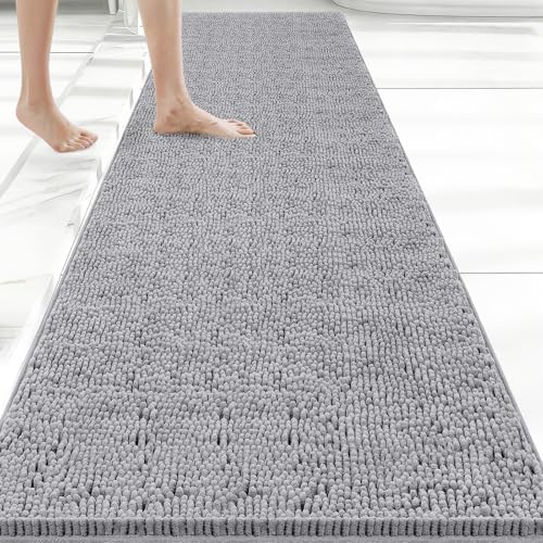 Bcoimo Bath Rug Mat,60x24 Chenille Non Slip Grey Long Bathroom Runner