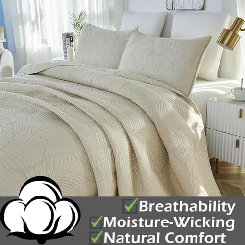 Brandream Beige Palm Quilt Set Queen Size Cotton Matelasse Tropical