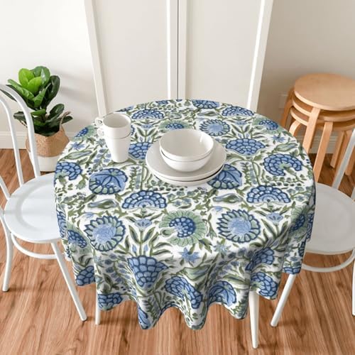 Blue Sage Green Floral Round Tablecloth 70 Inch Chinoiserie Flower
