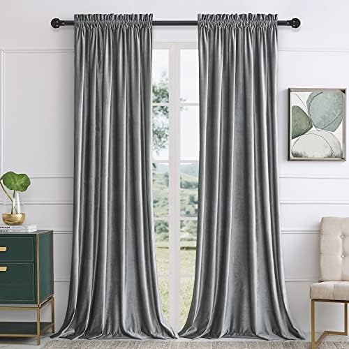 Gray Velvet Curtains 120 inches for Living Room Luxury Room Darkening
