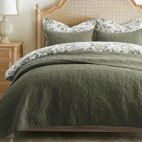 EVERGRACEHOME 100% Cotton Paisley Quilt Set, Queen Size, Olive Green