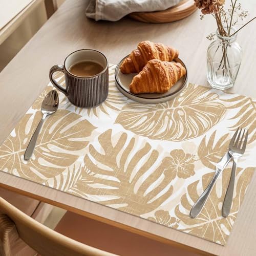 Placemats Set of 8, Sand Tan Monstera Woven Placemat, Linen Place Mats