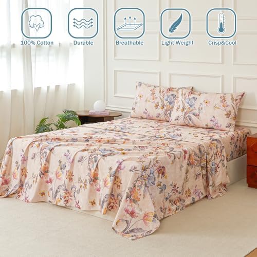 Beige Floral Bed Sheets Set King 100% Brushed Cotton Flannel-Like