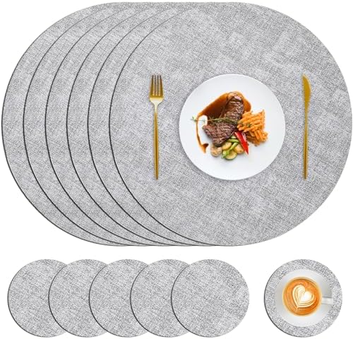 Faux Leather Placemats and Coasters Set of 6, Washable Reversible