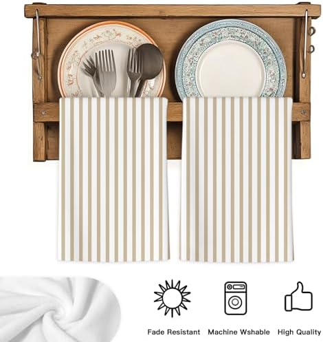 Thin Beige Striped Kitchen Towels Set of 3, Absorbent Dish Towels for