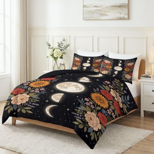 King Duvet Cover Set Soft Microfiber Starry Sky Flowers