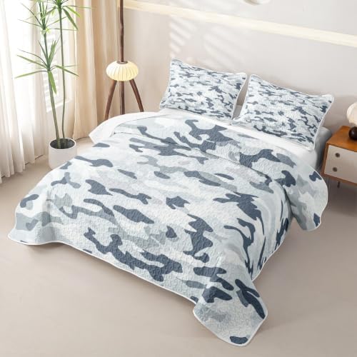 Manfei Grey Camouflage Quilt Set Minimalist Camo Quilt Bedding Kids