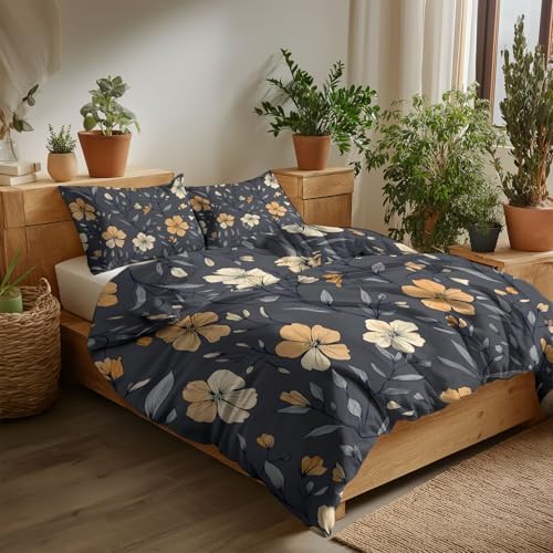 Grey Duvet Cover Set King Size, 3-Piece Reversible Bedding Set
