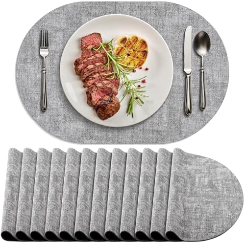 Faux Leather Oval Placemats Set of 12, Grey