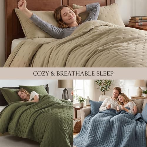 ROARINGWILD Beige King Size Quilt Bedding Set with 2 Pillow Shams