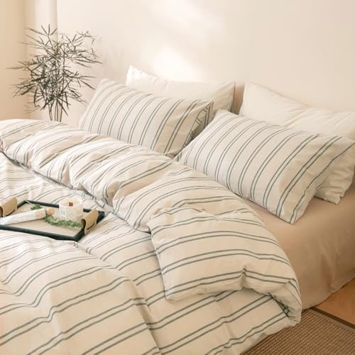 DONEUS Green Striped Duvet Cover Set 100% Washed Cotton Linen Like