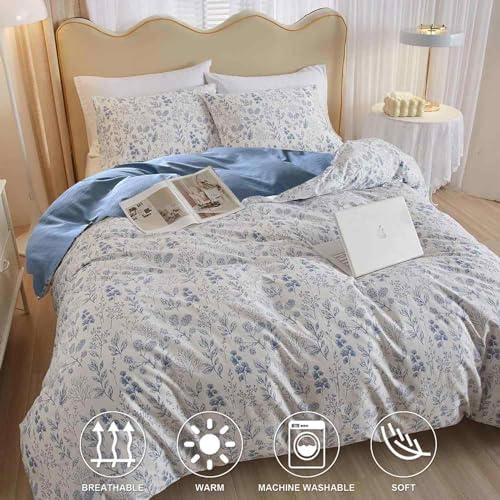 Nanko Floral Duvet Cover Set King Size, Blue and White Flower Leaf