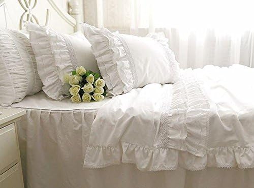 Ruffle Frill and Lace 100% Cotton White Duvet Cover Set (King)
