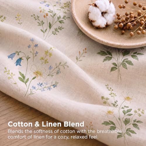 Linen Cotton Duvet Cover Set Queen Size, Green Floral Bedding Set