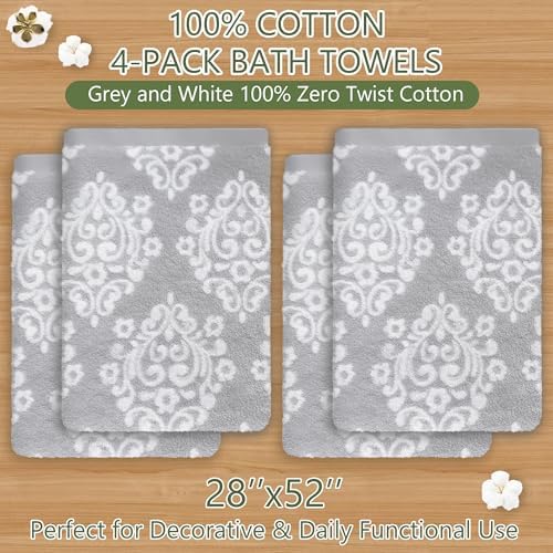 Grey and White Bath Towels, 28"x52" - 100% Cotton | Quick Dry | Soft