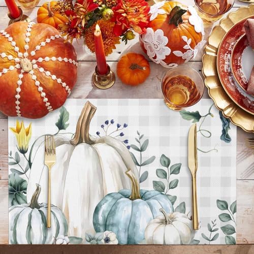 Placemats Set of 8, Thanksgiving Autumn Pumpkins Washable Table Mats