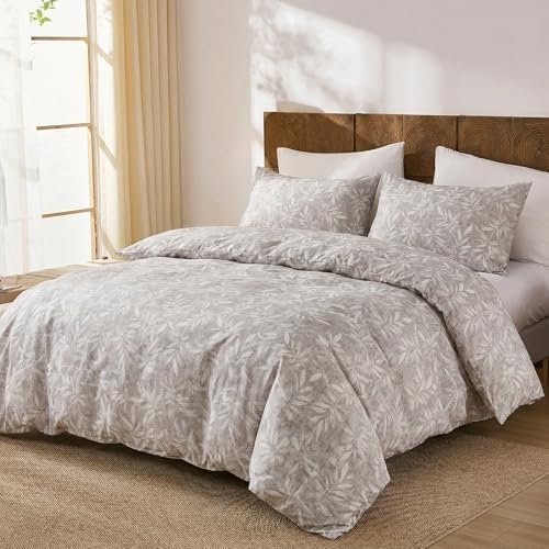 Herside King Duvet Cover Set,100% Cotton Double Gauze,Gray Botanical