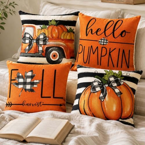 Fall Throw Pillow Covers for Home Strip Pumpkin Pillowcase 18x18 Set