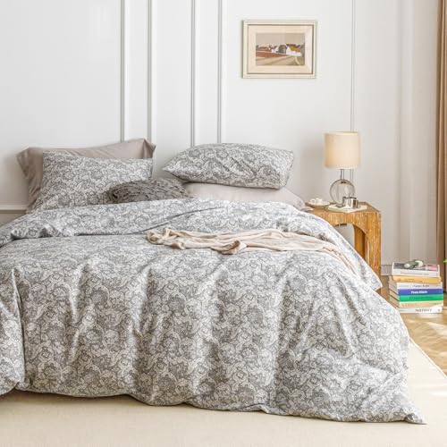 SUSYBAO Grey Paisley Floral Duvet Cover Queen 100% Cotton 3 Pcs Set