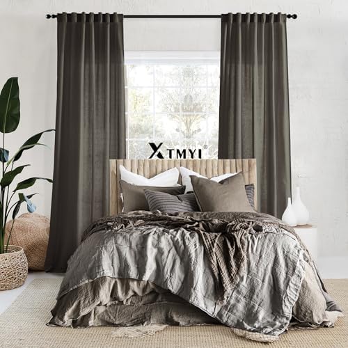 XTMYI Chocolate Brown Curtains 96 Inches Long 2 Panel Set,Sheer Linen