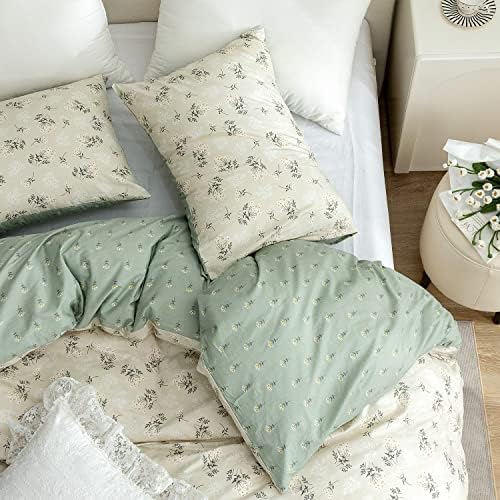 Duvet Cover Floral,100% Cotton Reversible Green Vintage Flower Bedding