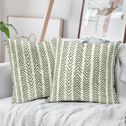 Sage Green Herringbone Pillow Covers 22x22 Inch Set of 2 Navy White