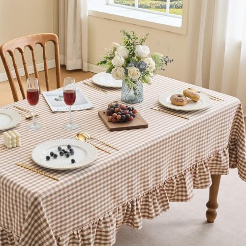 Gingham Ruffled Tablecloth Rectangle Cotton Style, Taupe 52x70