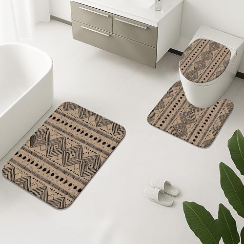 Geometric Bathroom Mat Sets 3 Piece, Rustic Beige Pattern Absorbent