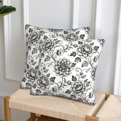 Black White Toile Throw Pillow Covers 18x18 Set of 2 Vintage Floral