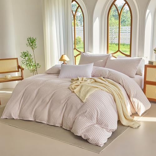 Striped Duvet Cover Set King Size 100% Washed Cotton Linen Feel