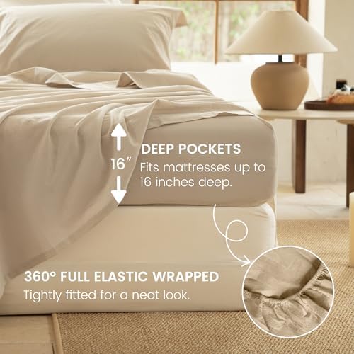BISELINA 100% Washed Cotton Sheet Set 3 Pcs - 1 Fitted Sheet, 1 Flat