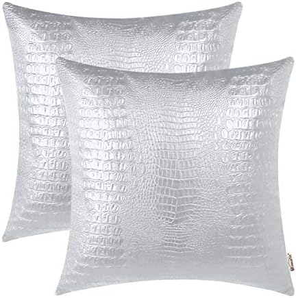 BRAWARM Silver Faux Leather Pillow Covers 18x18, Embossed Crocodile