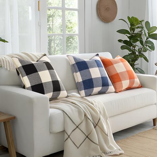 decorUhome Fall Plaid Linen Throw Pillow Covers 22x22 Set of 2 Navy