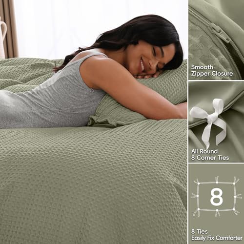 David's Home Textured Waffle Weave Duvet Cover Set, King Size, Dusty