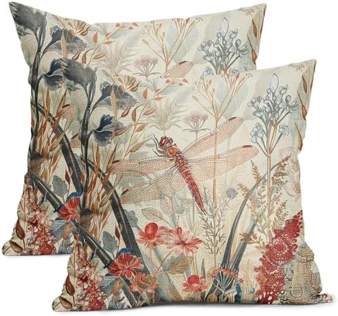 Kawani Summer Dragonfly Pillow Covers 18X18 Inch Red Floral Flower