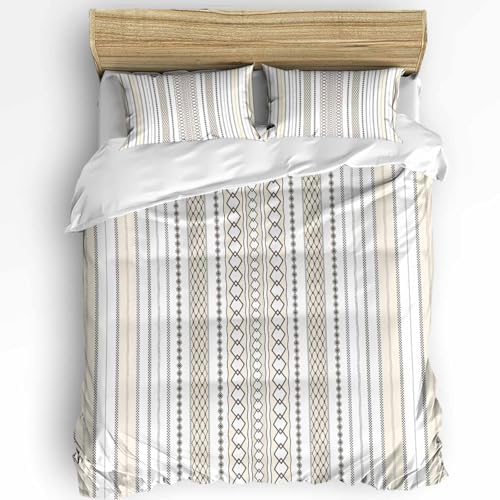 Duvet Cover Set Full, Gray Stripes Boho Ethnic Style 3 Piece Bedding