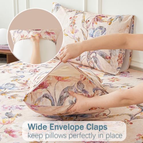 Beige Floral Bed Sheets Set King 100% Brushed Cotton Flannel-Like