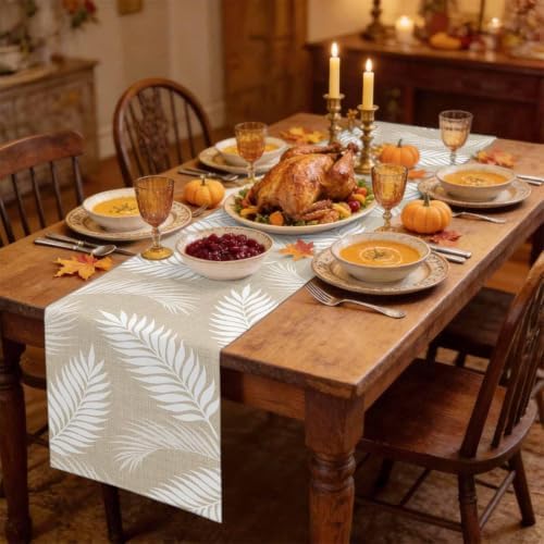 Beige Leaves Table Runner 108 Inch Long Dresser Scarves Linen