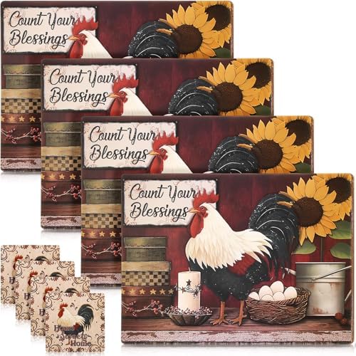 8 Sets Rooster Cork Placemats with Coasters, 12 x 16 Inch