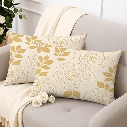Rose Floral Throw Pillow Covers Set of 2, Cream Gold Flower Decorative