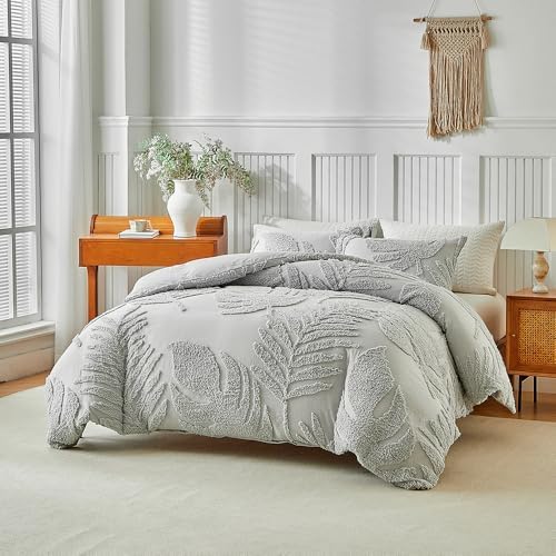 Grey Full Duvet Cover Set, Boho Tufted Palm Leaf Bedding, Soft