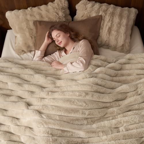 PHF Faux Fur Twin Blanket, 970 GSM Double-Sided, 60" X 80",Oak